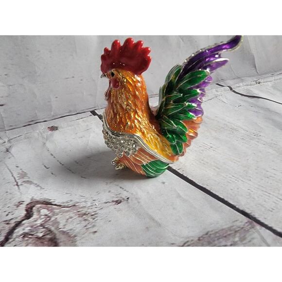 Rooster Enamel Rhinestone Crystal Hinged Trinket Box - Picture 4 of 10